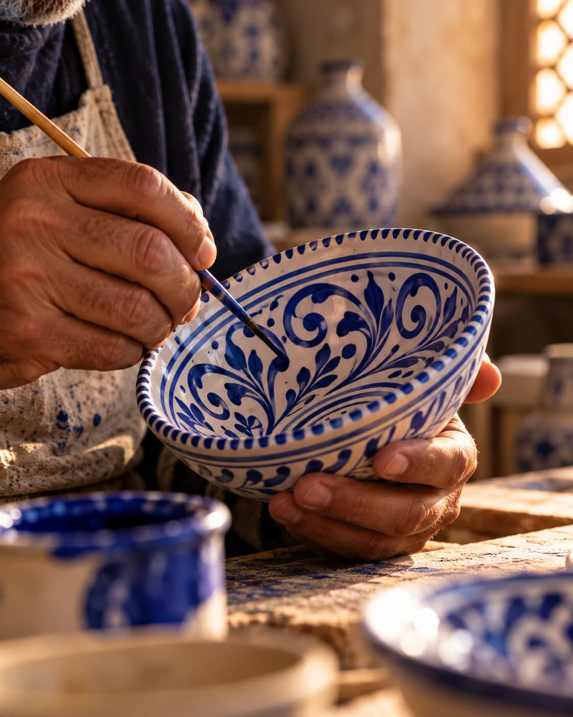 Mains d’un artisan peignant à la main un bol aux motifs bleu cobalt