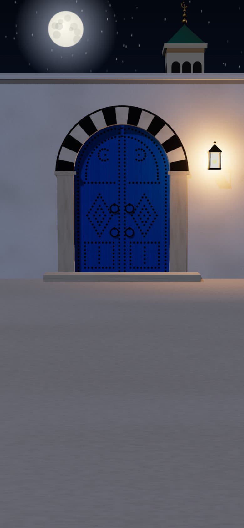 La porte bleue cloutée de Dar Chammakhi, sous son arc rayé noir et blanc