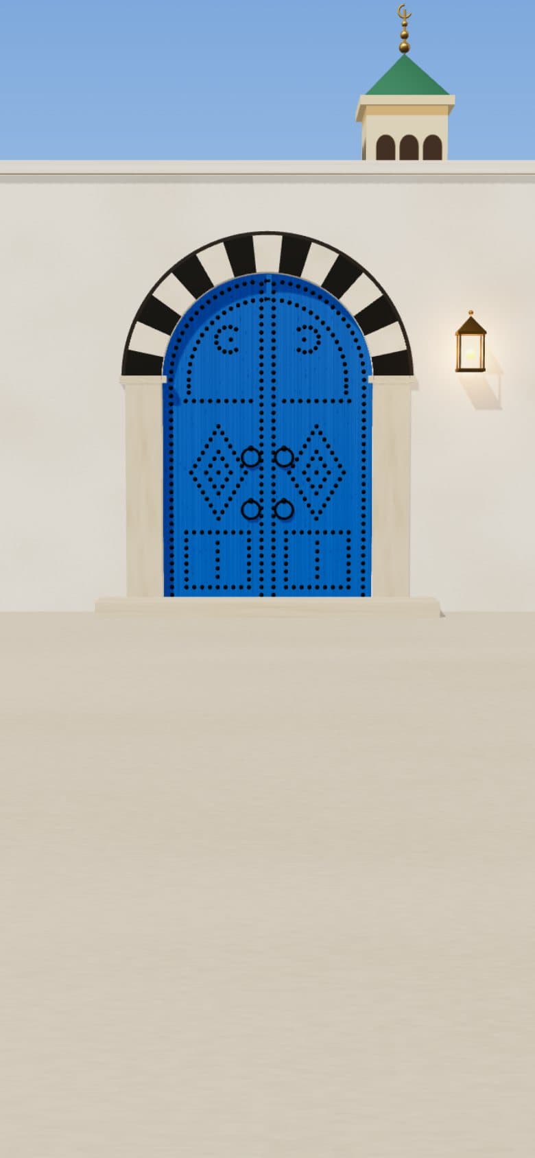 La porte bleue cloutée de Dar Chammakhi, sous son arc rayé noir et blanc