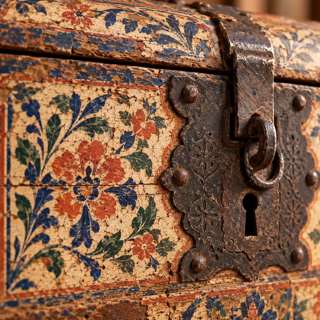 Détail de la serrure forgée et des fleurs peintes du coffre