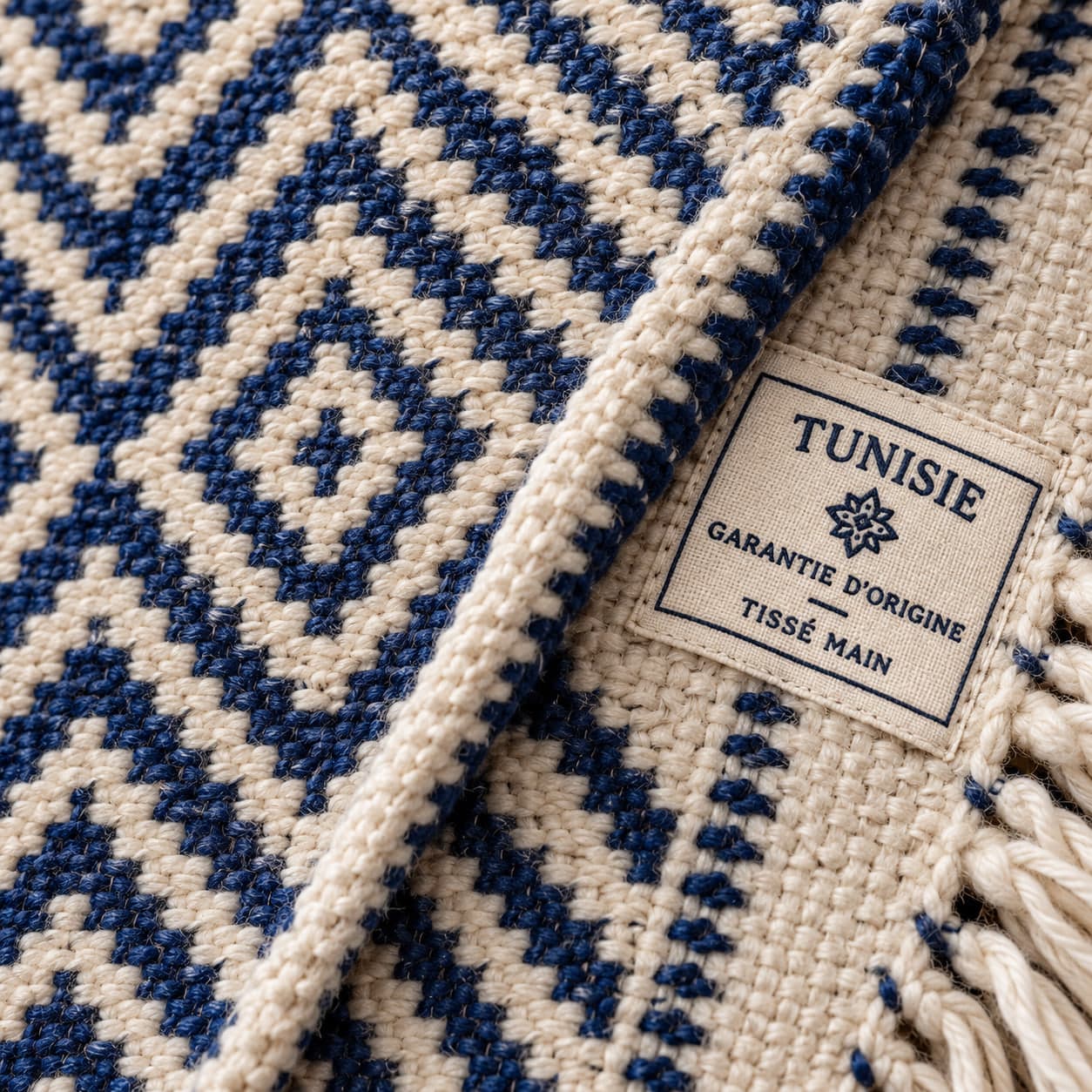 Détail du tissage et de l’étiquette « Tunisie – Garantie d’origine – Tissé main »